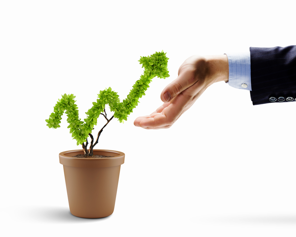 Hand hält nach oben zeigenden Pfeil aus Blättern, der den Vorteil einer Rentenversicherung symbolisiert.